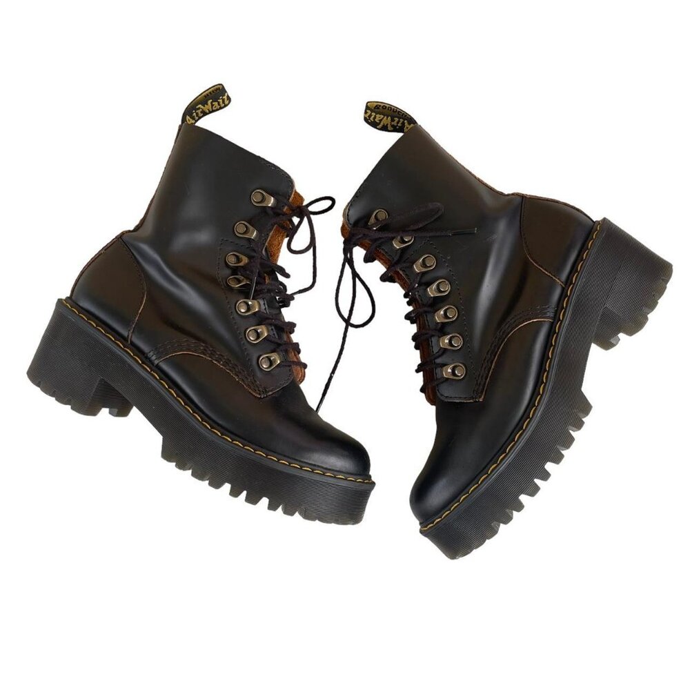 SOLD ✨ Dr. Martens Leona Black Leather Platform Combat Boots Women’s 6 - Picture 7 of 8